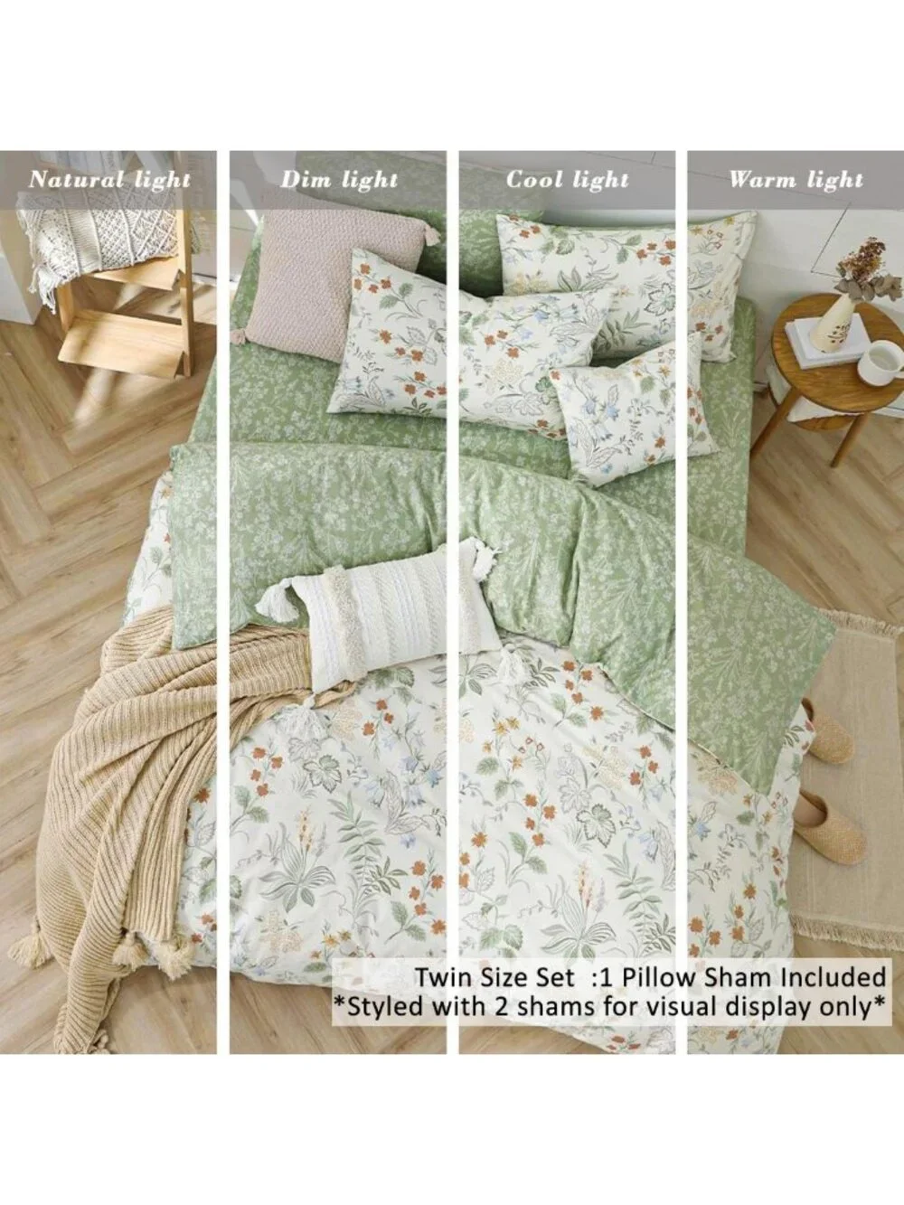 Ivory & Sage Green Floral Cotton Comforter Set - Twin Size, Cozy Bedding